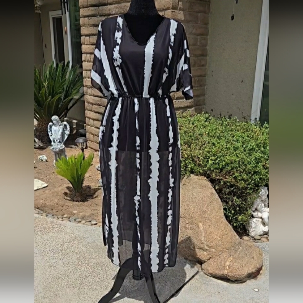 Swimsuit Cover Up Dress Black White Stretch Pullover Swimsuit Large 🌞 NEW - Picture 3 of 10